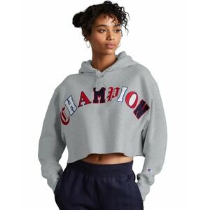 Champion Reverse Weave Cropped Hoodie Gray Arched Logo Womens Small WL757P‎